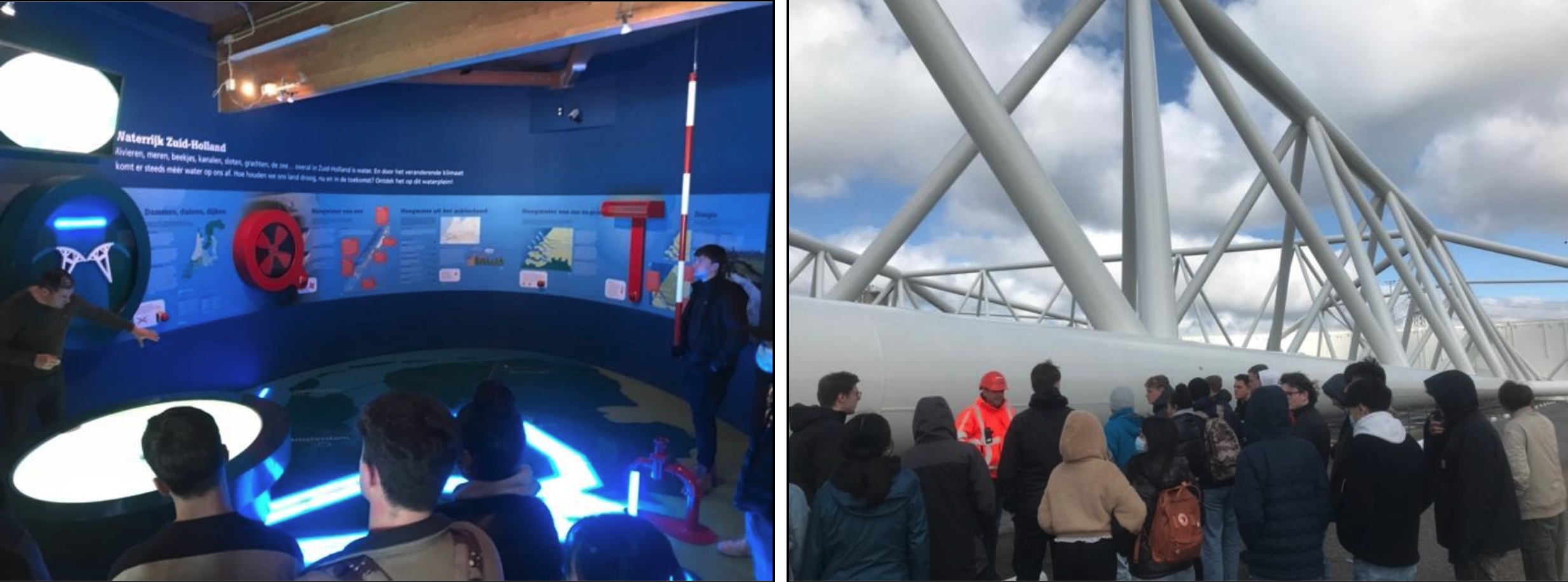 Students at the interactive Kerringhuis visitor centre (left); and touring the Maeslantkering storm surge barrier (right)